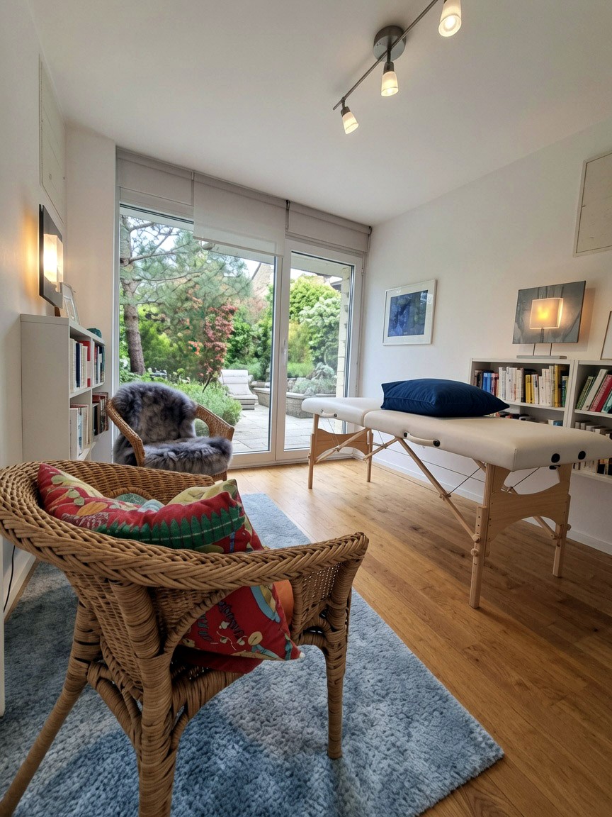 Studio di Corps en Jeu con lettino da massaggio e vista sul giardino
