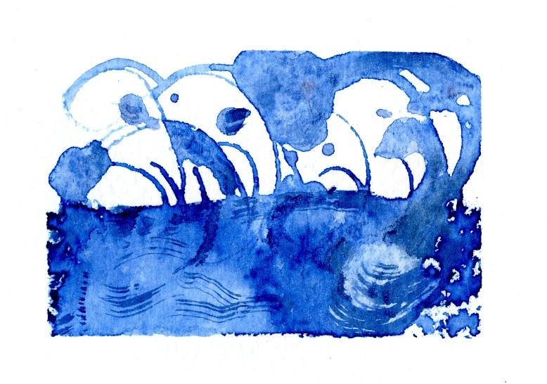 Acquerello blu che evoca movimento, respiro e forme del corpo